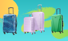 Blue, lilac, and lime green luggages in front of a sky blue/mint background, green squiggle, and yellow circle background