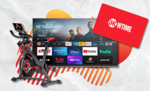schwinn bike, amazon fire tv, and showtime logo with colorful background