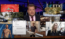 A late show host sits in the middle of images from the year's headlines.