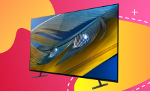 Sony BRAVIA in front of a pink and orange background