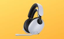 A white headset lying vertically.