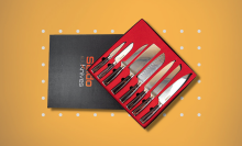 seido knife set in red and black gift box with gold background