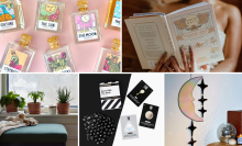 Tarot-themed reed diffusers on pink background, person reading Moon Bath book, plants on windowsill, astrology deck of cards on black and white background, moon-shaped stained glass hanging on wall