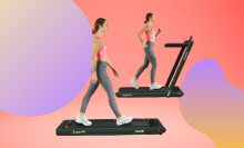 Woman standing on a treadmill, same woman in the foreground walking on the treadmill