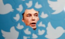 Elon Musk surrounded by Twitter logos.