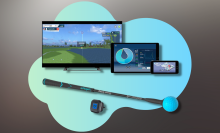 phigolf sensor and swing stick with three devices showing golf courses against blue and black background