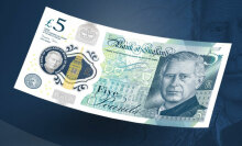 An image of a five pound bank note featuring a picture of King Charles III.