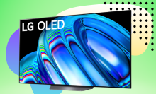 LG OLED smart TV in front of a green, purple, and yellow background with black polka dots on the right hand corner