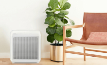 An air purifier is lying in a room next to a plant.