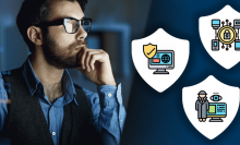 man looking over shoulder at icons representing cybersecurity