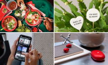People eating takeout / plant with stick-in decor featuring greetings / person scrolling through Spotify on iPhone / Beats Studio Buds and case on desk with plant and notebook