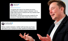 Side profile of Elon Musk in a suit. Next to him are screenshots of two tweets, reading: "I recognize that many of my viewers are active watching other content creators. However, I will no longer allow anyone to interact with any creators other than me from now on.  Specifically, I will ban any accounts created for the purpose of enjoying other content that isn't mine" and "Welp, there goes every single content creator’s linktree in the bio."