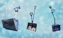 Snow shovels against a light blue background