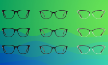 three rows of black glasses against a blue and green background