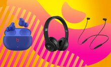 earbuds, headphones, and in-ear earbuds against an orange and magenta background