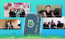 Four screenshots of V Lives: 1) members of Itzy 1) Stray Kids' Bang Chan 3) Twice members Nayeon, Sana, Mina, Momo, and Jeongyeon 4) a screenshot of BTS's Jungkook holding a wine bottle. They surround a headstone with the V Live logo on it.