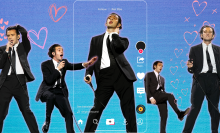 Five images of Matty Healy mid-performance, dressed in a black suit and tie with a mic. The backgrounds have been cut out and Healy's photos have been placed on a blue background with hand drawn pink hearts. The middle cut out of healy is surrounded by an outline of the TikTok app user interface.