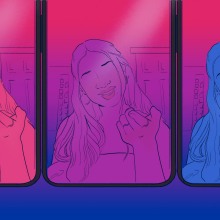 three panels of bi person on tiktok in pink, blue, and purple, the colors of the bi pride flag