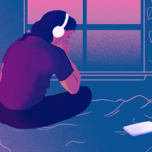An illustration of a woman sitting down, looking thoughtfully out the window, while listening to headphones. 