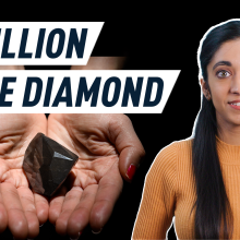 Hand holding diamond next to host, with text reading "$4 Million Space Diamond"
