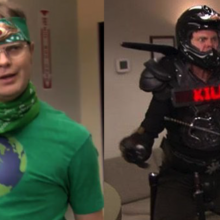 A side-by-side of Rainn Wilson as Dwight Schrute dressed as environmental hero Recyclops on "The Office,"