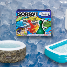 roundup of summer party products - inflatable pools, beverage holder, giant Sorry board game and colorful speaker