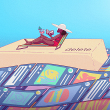 Illustration of woman in a bathing suit on a chaise floating on a delete button over a sea of apps