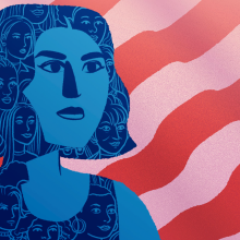 An illustration of a woman, with many other female faces in her hair and clothes, against the American flag.