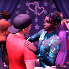 Two masculine-presenting Sims characters hold each other at a high school dance.