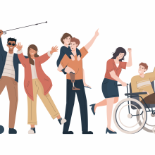 Happy disabled people with their friends and family. Blind man, girl with prosthetic leg, old man with walker, people with wheelchair and crutches