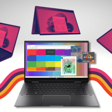 hp envy x360 in four different configurations with pink yellow and orange graphic behind screen
