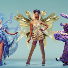 A collage featuring drag acts Blu Hydrangea, Tia Kofi and Adam All.