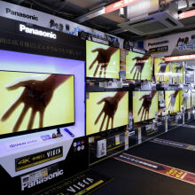 Wall of 4K TVs at store in Japan