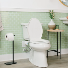 Green bathroom with toilet and bidet attachment and person standing in corner
