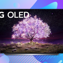 lg c1 series oled tv with purple and blue background