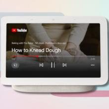 google nest hub 2nd gen with youtube displayed and pink and blue background