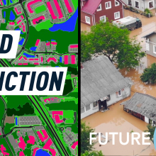 Split screen: an AI generated urban map on the left and a photograph of a flooded town on the right. Caption reads: "Flood prediction"
