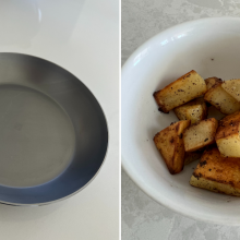 silver pan, bowl of fried potatoes