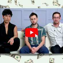 Eugene Lee Yang, Zach Kornfeld, and Keith Habersberger sit on a couch in a screenshot from their "what happened" YouTube video. They are surrounded by falling money bills. 