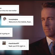 A still of Ryan Reynolds from the "Spirited" trailer. He is wearing a suit and tie. Next to him are pasted four Tumblr replies reading: "Please don't turn this into new Twitter." "Welcome to the hellsite, Ryan." "Ryan best what's going on." and "yeah, you'll fit right in."