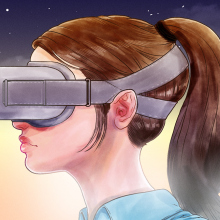 A side profile view of a white woman with a brown pony tail. She is wearing a nondescript grey VR headset.