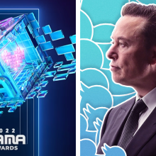 On the right, a profile of Elon Musk from the mid-arm up, dressed in a suit. On the left, the MAMA Awards logo.