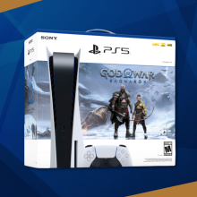 box art for the playstation 5 "god of war ragnarok" bundle against a blue and yellow geometric background