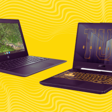 an hp chromebook and an asus tuf gaming laptop against a yellow background