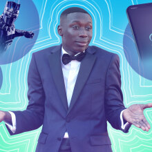 Khaby Lame in a tux, shit from the waist up. He is in his signature shrugging pose (shoulders raised to his ears, elbows bent, palms turned upward). Background is a blue to green gradient. A soccer ball, McDonald's sign, the Black Panther, and a cell phone with the TikTok logo on it float around his body.