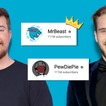 Photos of Mrbeast and Pewdiepie from the chest up, with the backgrounds removed and replaced with blue. Between them are screenshots from their channel with their live subscriber counts. Mrbeast's has a little crown on it