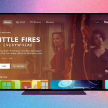 a tv displaying the hulu interface against a blue and red gradient background