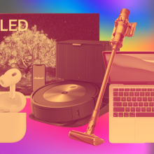 LG TV, Apple AirPods, Roomba, Dyson cordless vacuum, Macbook Air in sepia on colorful background