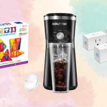 Photo compilation of iced coffee maker, magnetic tiles, and smart plugs