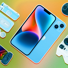A composite of iPhone accessories against a colorful backdrop